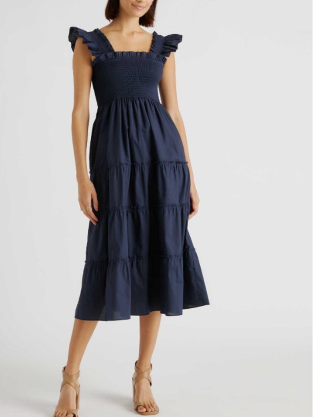 Quince Poplin Smocked midi dress Ruffle Strap Maxi Dress navy blue Nap XS cotton